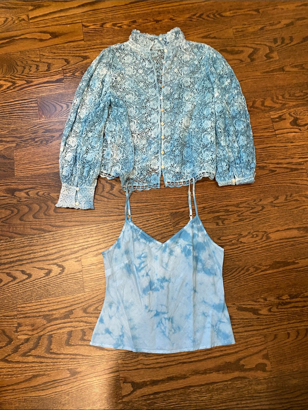 LoveShackFancy Light Blue Tie-Dye Camisole with Lace Overlay